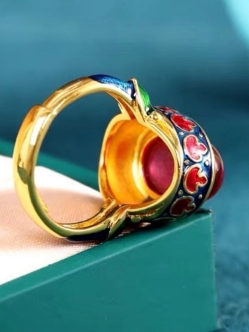 Golden Ring with Red Cabochon and Enamel Accents - Picture 5 of 7